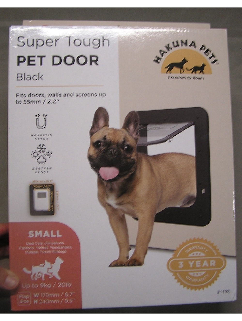 Hakuna Pets Super Tough Small Black Pet Door - Fits Doors, Walls, and Screens up